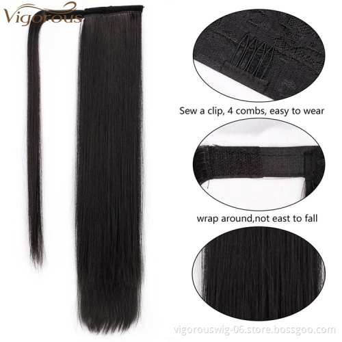 Vigorous Clip in Ponytail Extension Wrap Around Straight Hair 22 inch Synthetic Hairpiece-Natural Black 1B color